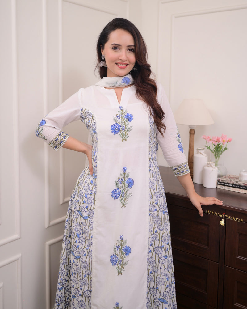 White Blue Bouquet Handwork Mul Cotton Anarkali