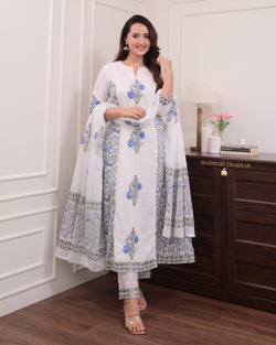 White Blue Bouquet Handwork Mul Cotton Anarkali