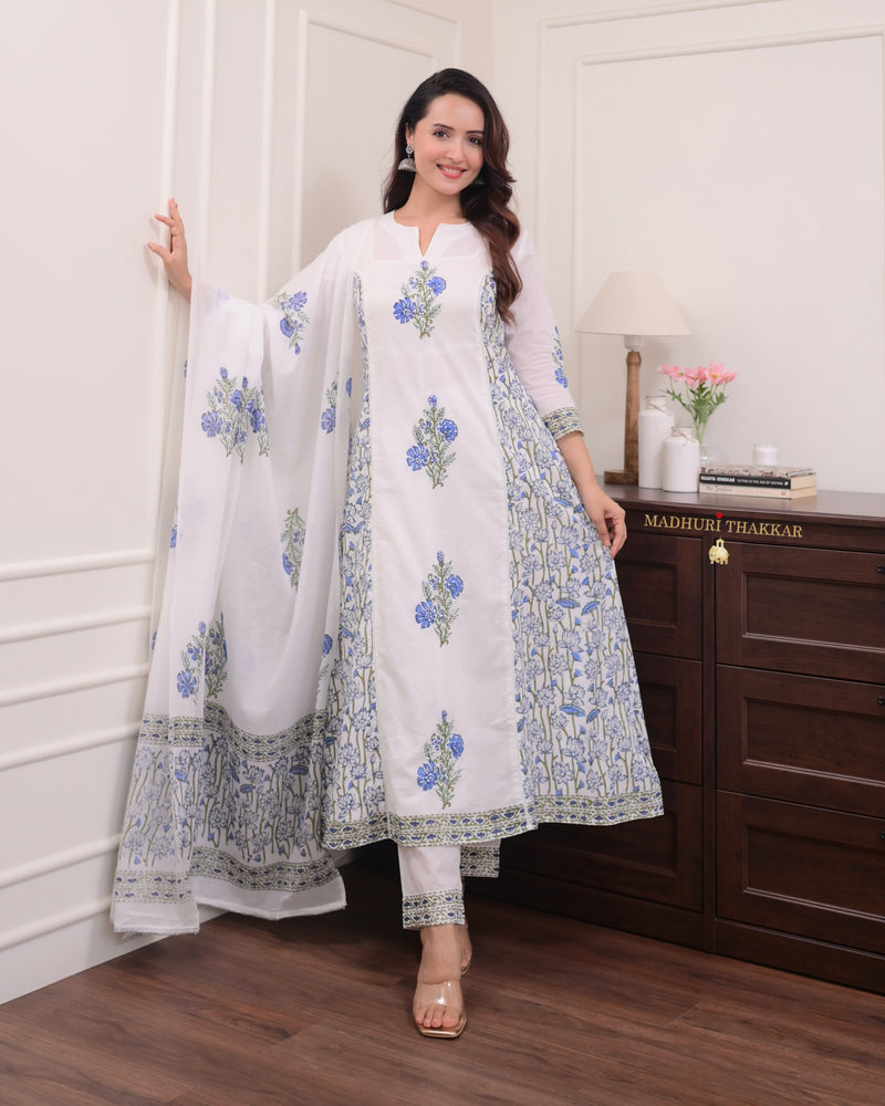 White Blue Bouquet Handwork Mul Cotton Anarkali