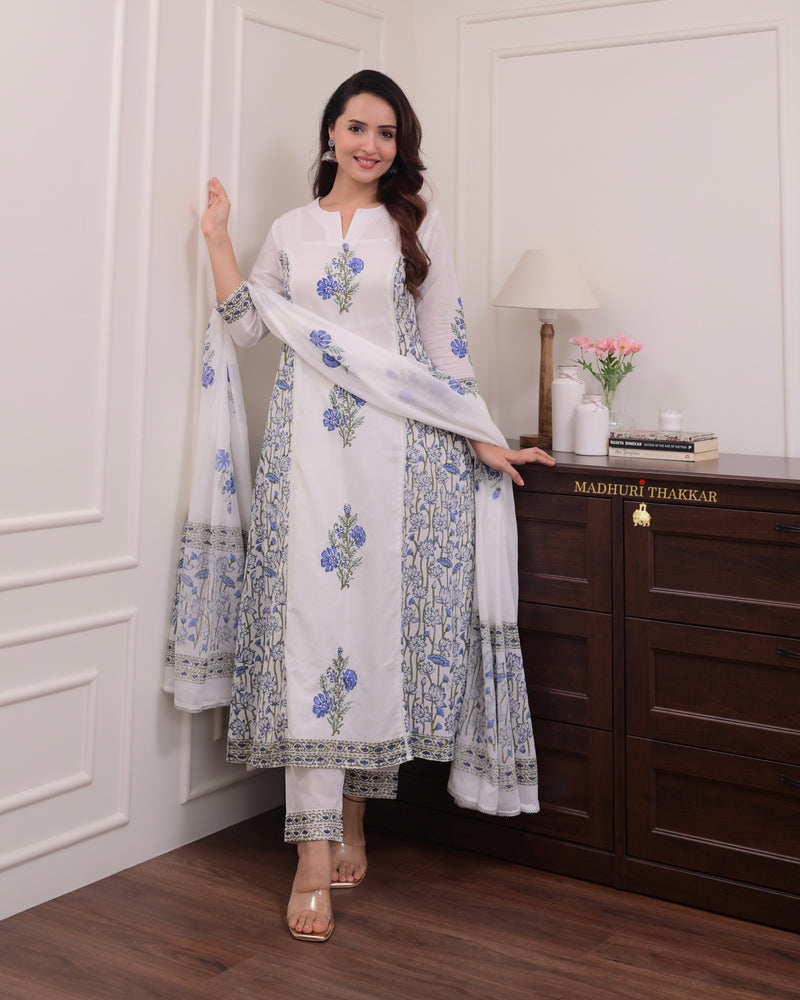 White Blue Bouquet Handwork Mul Cotton Anarkali