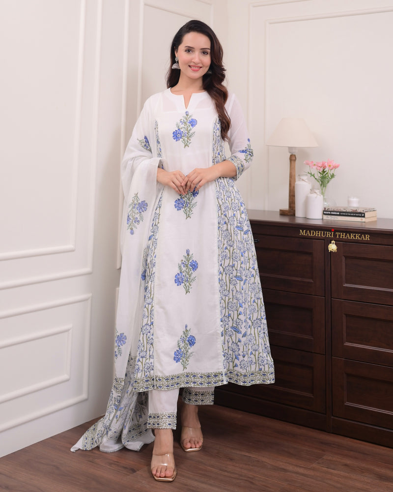 White Blue Bouquet Handwork Mul Cotton Anarkali