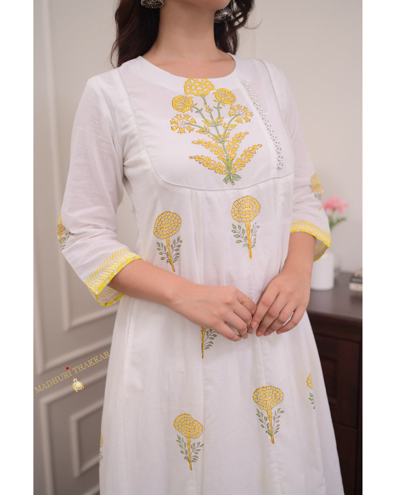 Ivory Yellow Mul Cotton Block Printed Anarkali