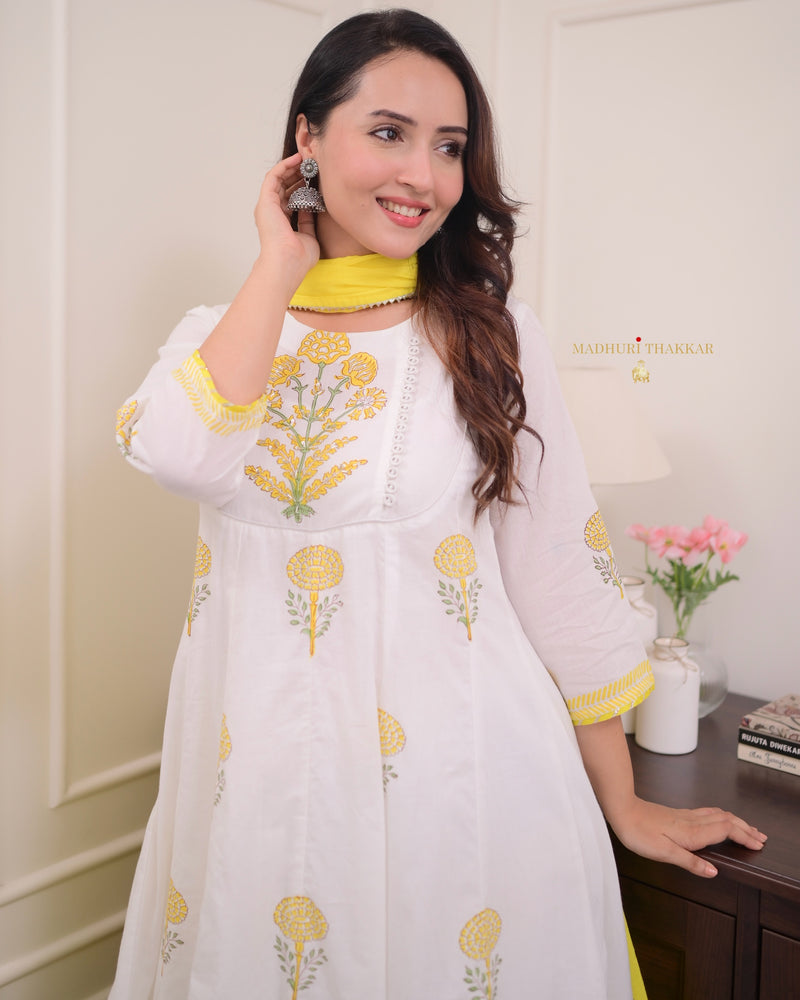 Ivory Yellow Mul Cotton Block Printed Anarkali