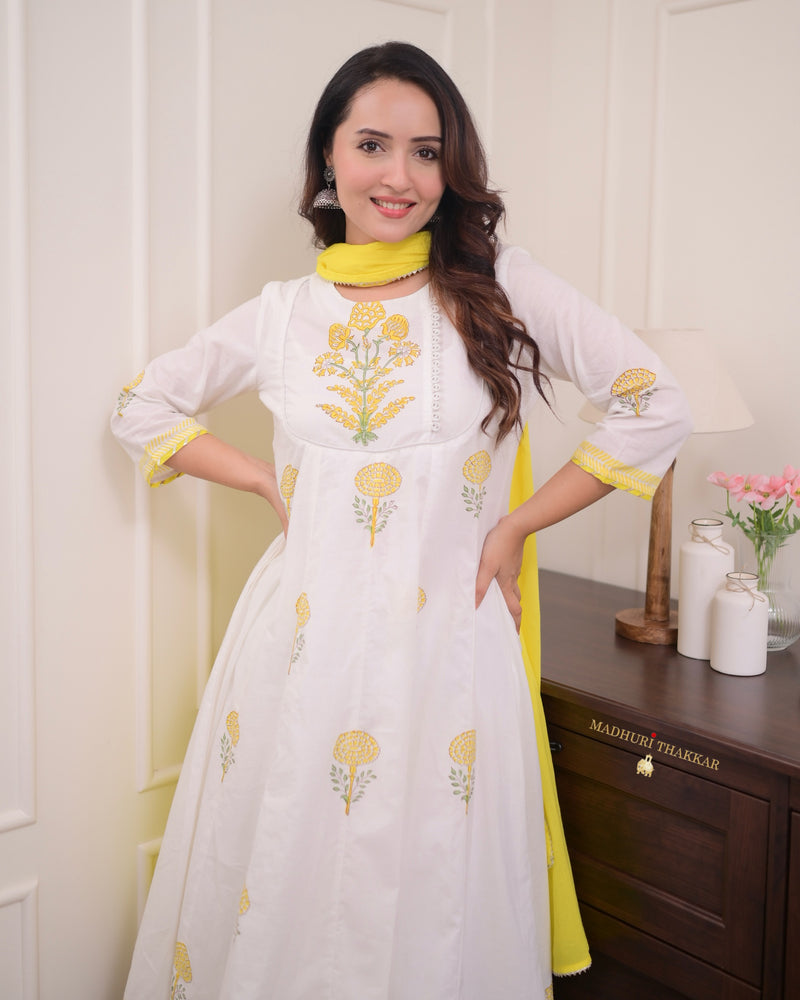 Ivory Yellow Mul Cotton Block Printed Anarkali