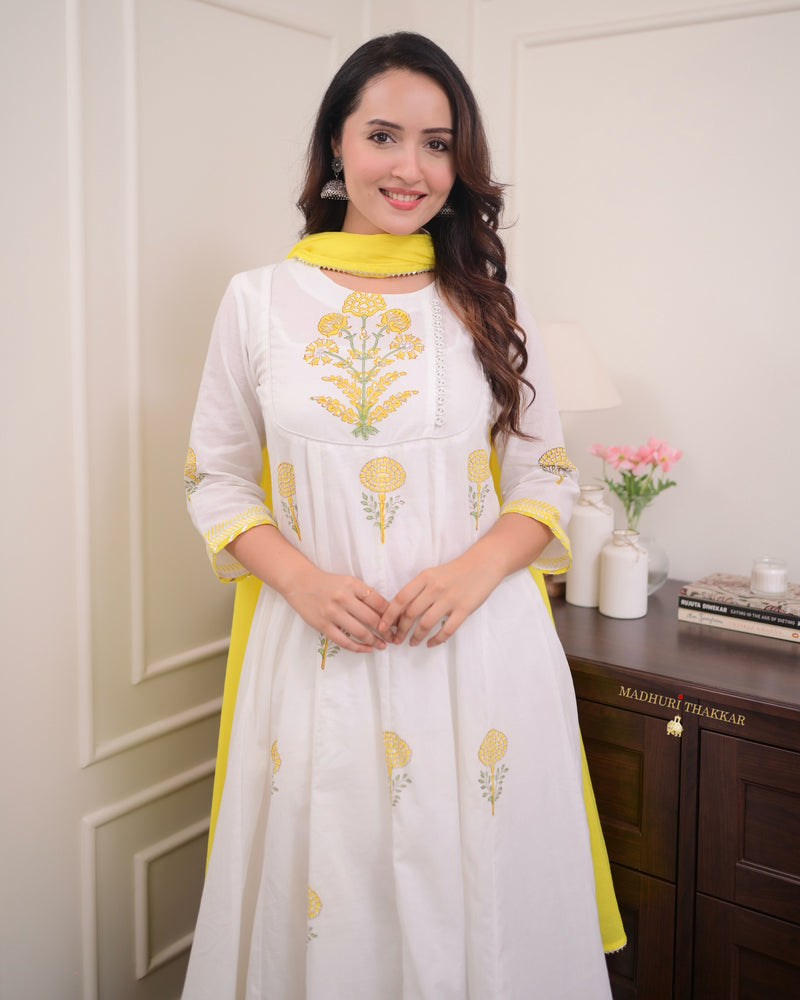 Ivory Yellow Mul Cotton Block Printed Anarkali