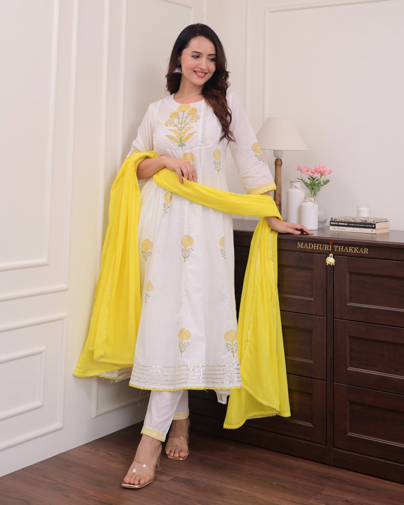 Ivory Yellow Mul Cotton Block Printed Anarkali