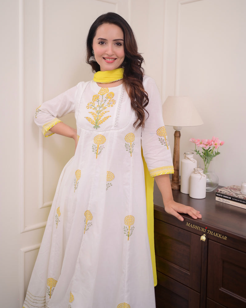 Ivory Yellow Mul Cotton Block Printed Anarkali