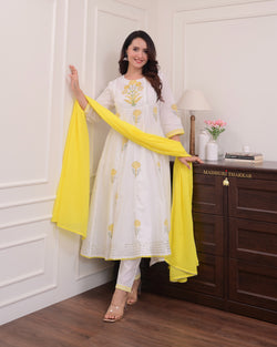 Ivory Yellow Mul Cotton Block Printed Anarkali