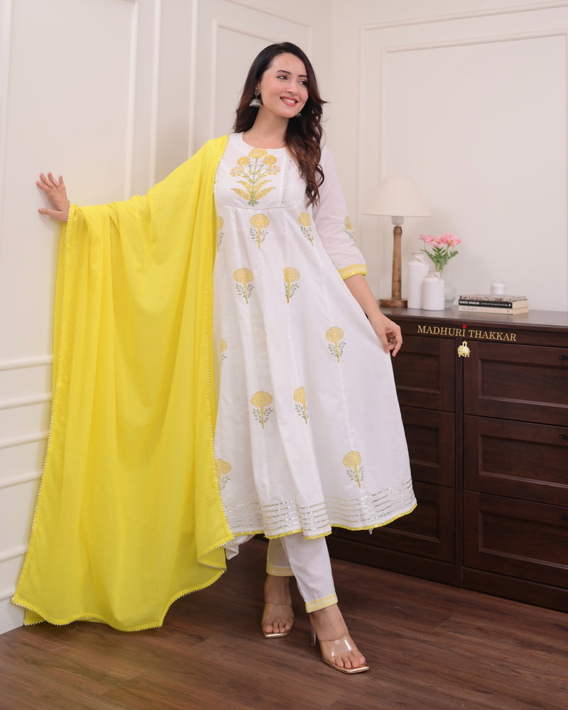 Ivory Yellow Mul Cotton Block Printed Anarkali