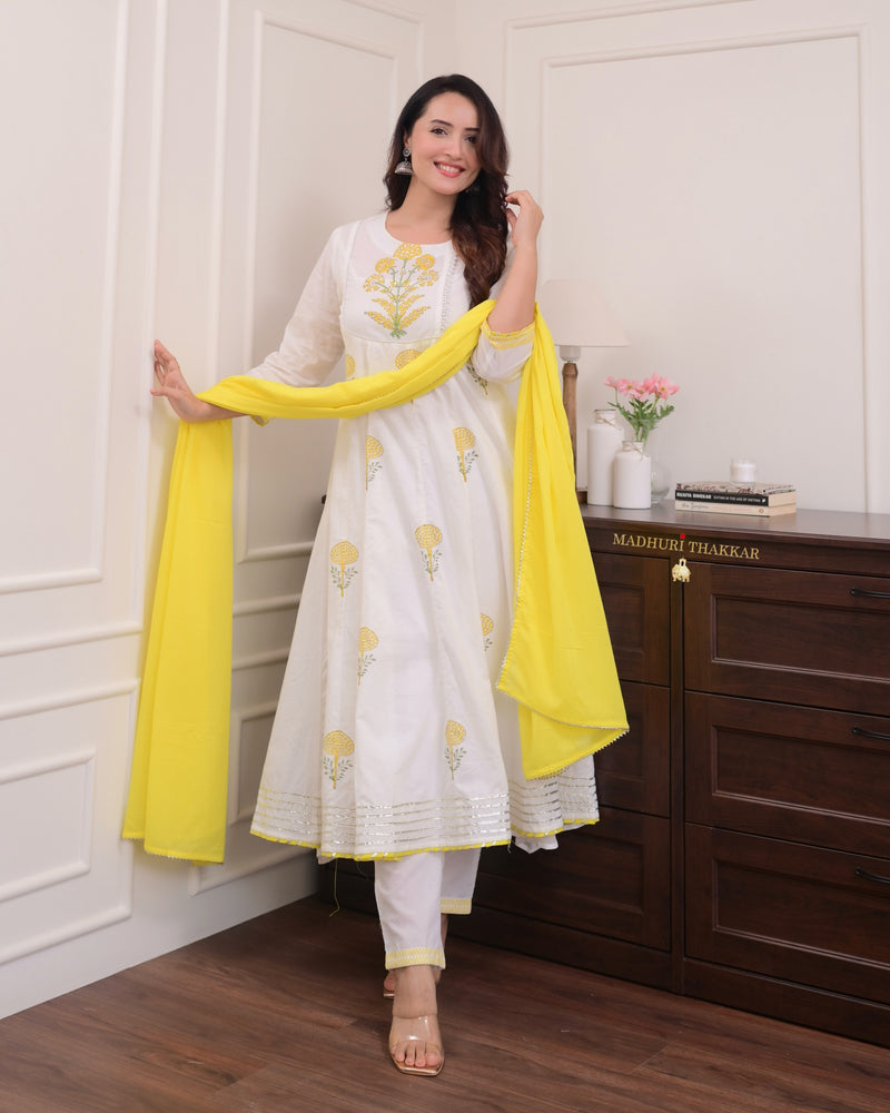 Ivory Yellow Mul Cotton Block Printed Anarkali