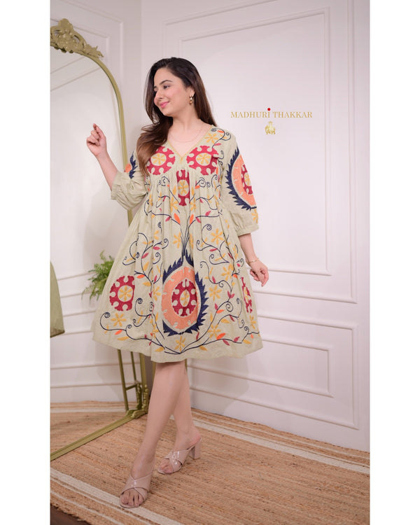 Multi Color Ivory Threadwork Dress