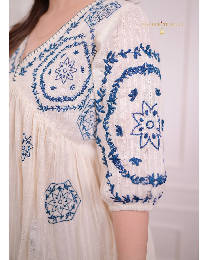 Ivory Blue Threadwork Dress