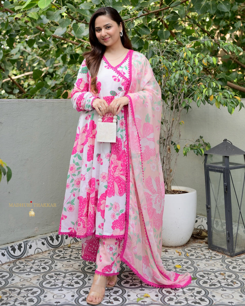 Ivory Pink Floral Premium Cotton A Line Suit