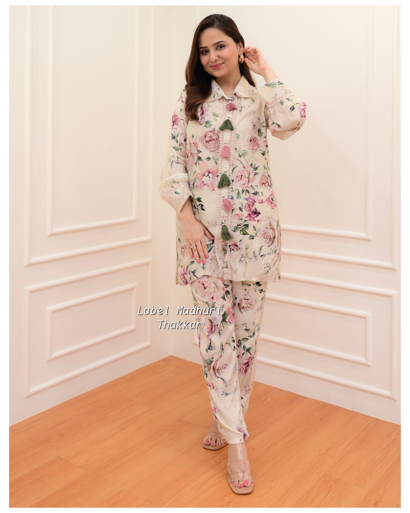 Ivory Floral Muslin Tassel Co-ord