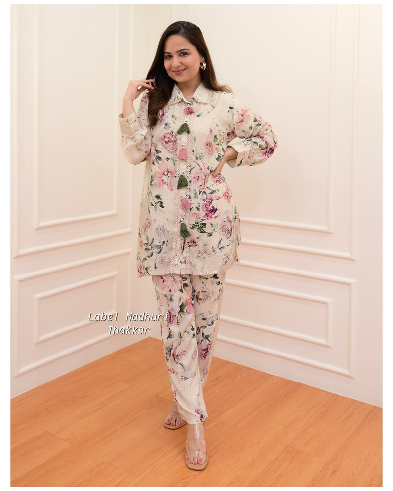 Ivory Floral Muslin Tassel Co-ord