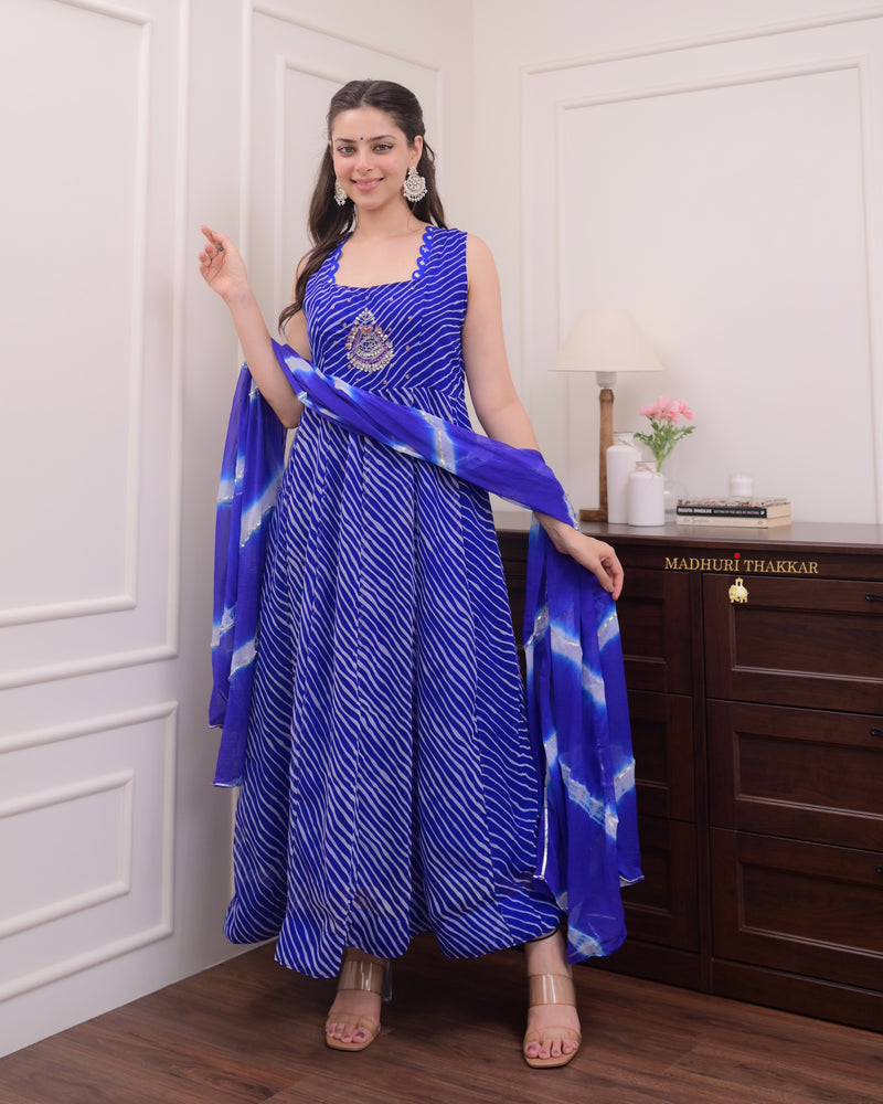 Blue Handwork Leheriya Anarkali Suit