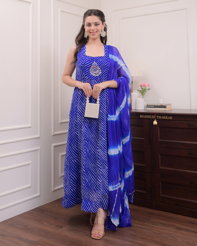 Blue Handwork Leheriya Anarkali Suit