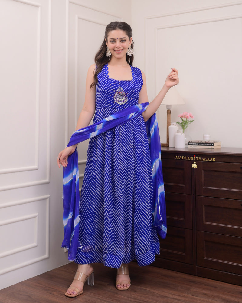 Blue Handwork Leheriya Anarkali Suit