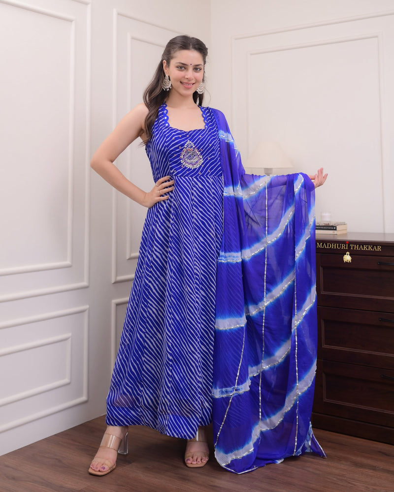 Blue Handwork Leheriya Anarkali Suit