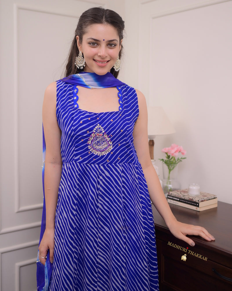 Blue Handwork Leheriya Anarkali Suit