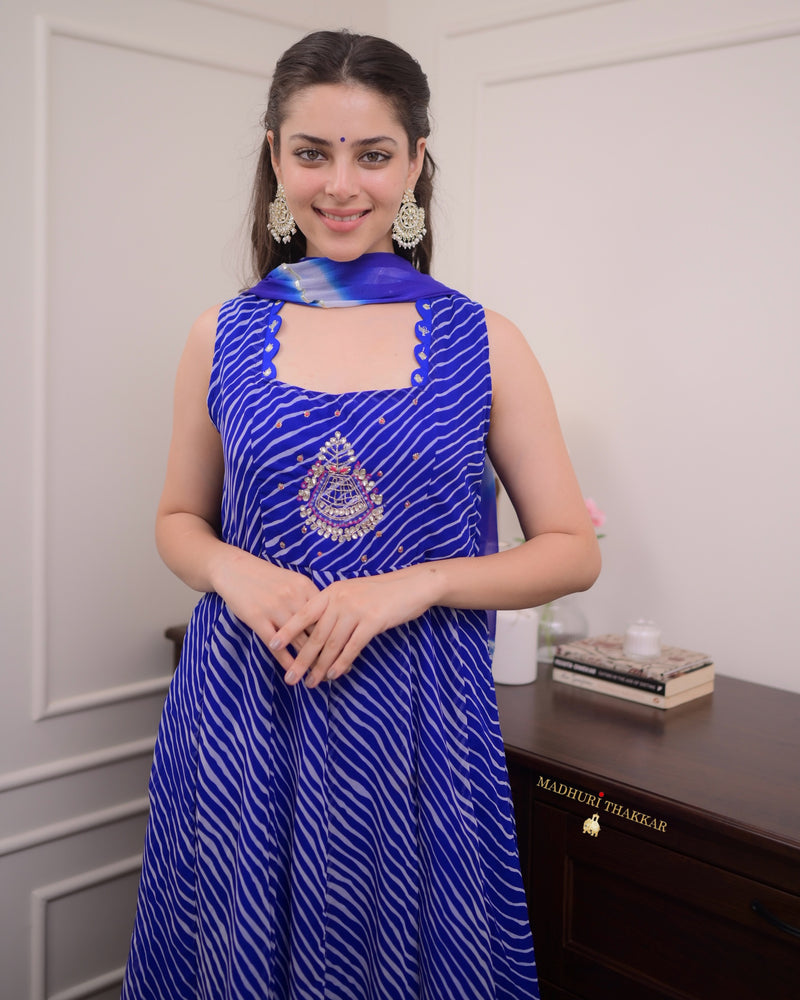 Blue Handwork Leheriya Anarkali Suit