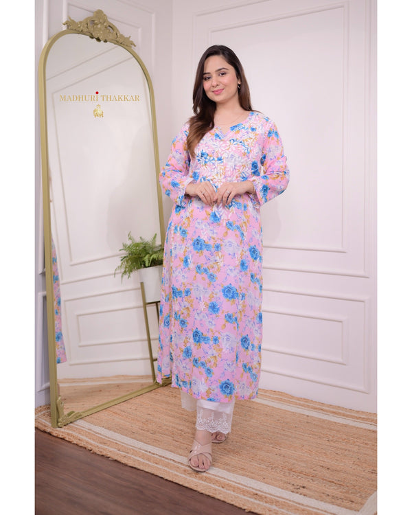 Pink Blue Floral Chikankari Kurti