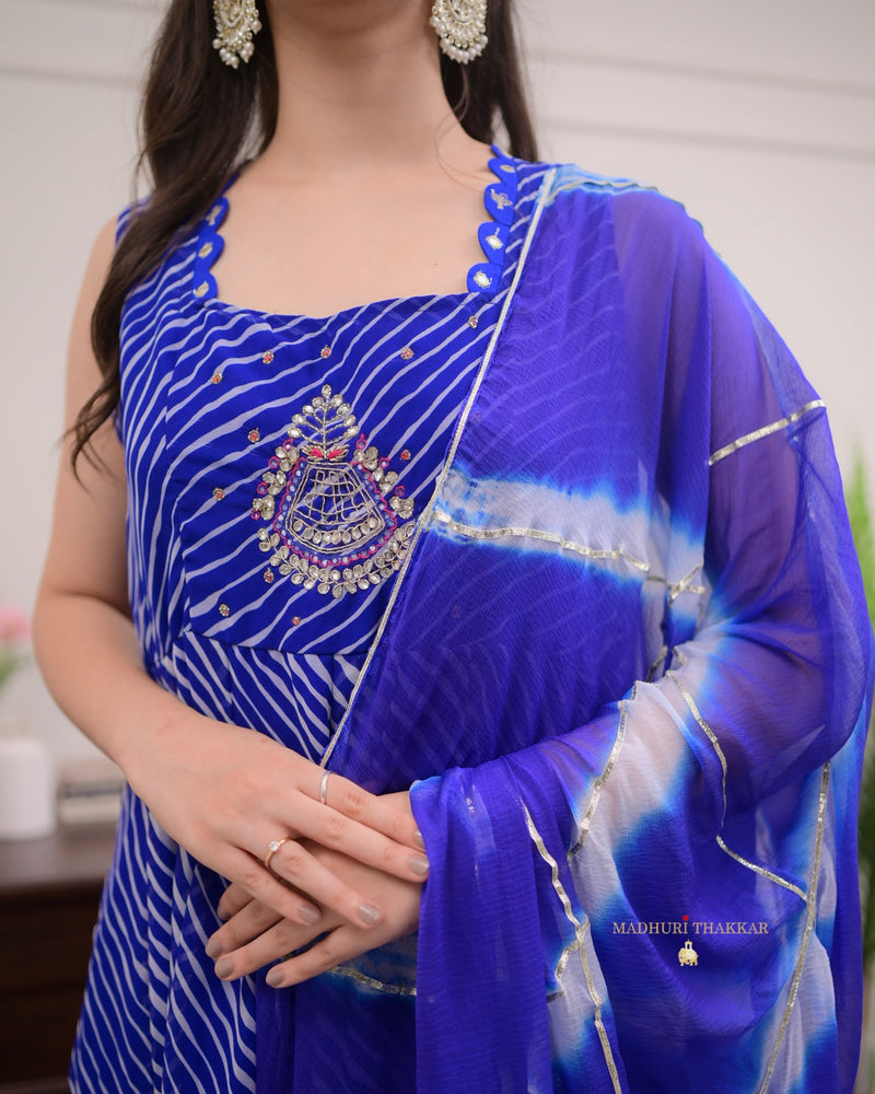 Blue Handwork Leheriya Anarkali Suit