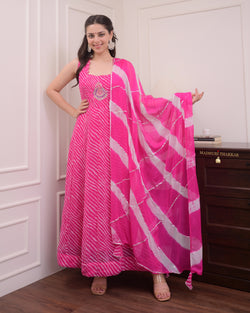 Pink Handwork Leheriya Anarkali Suit