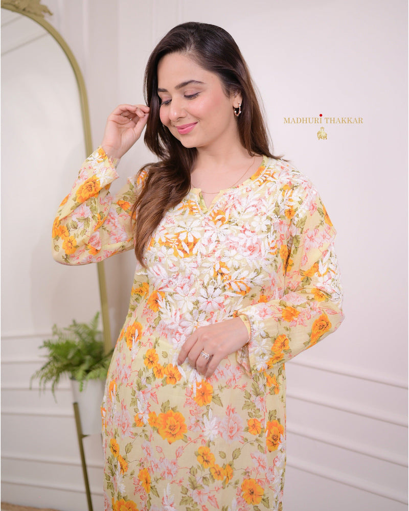 Yellow Floral Chikankari Kurti