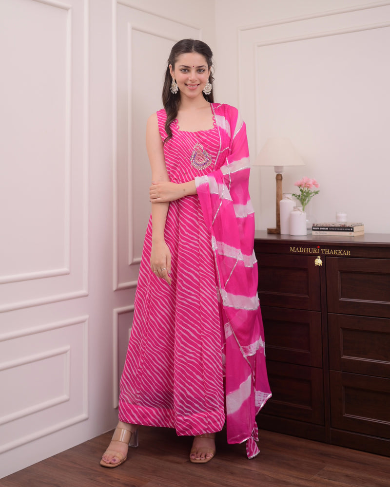 Pink Handwork Leheriya Anarkali Suit