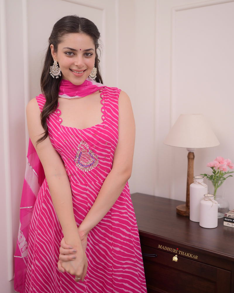 Pink Handwork Leheriya Anarkali Suit