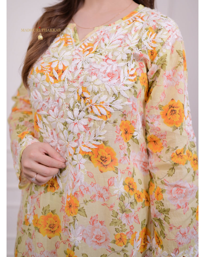 Yellow Floral Chikankari Kurti