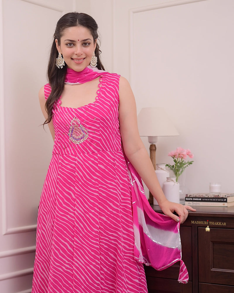 Pink Handwork Leheriya Anarkali Suit