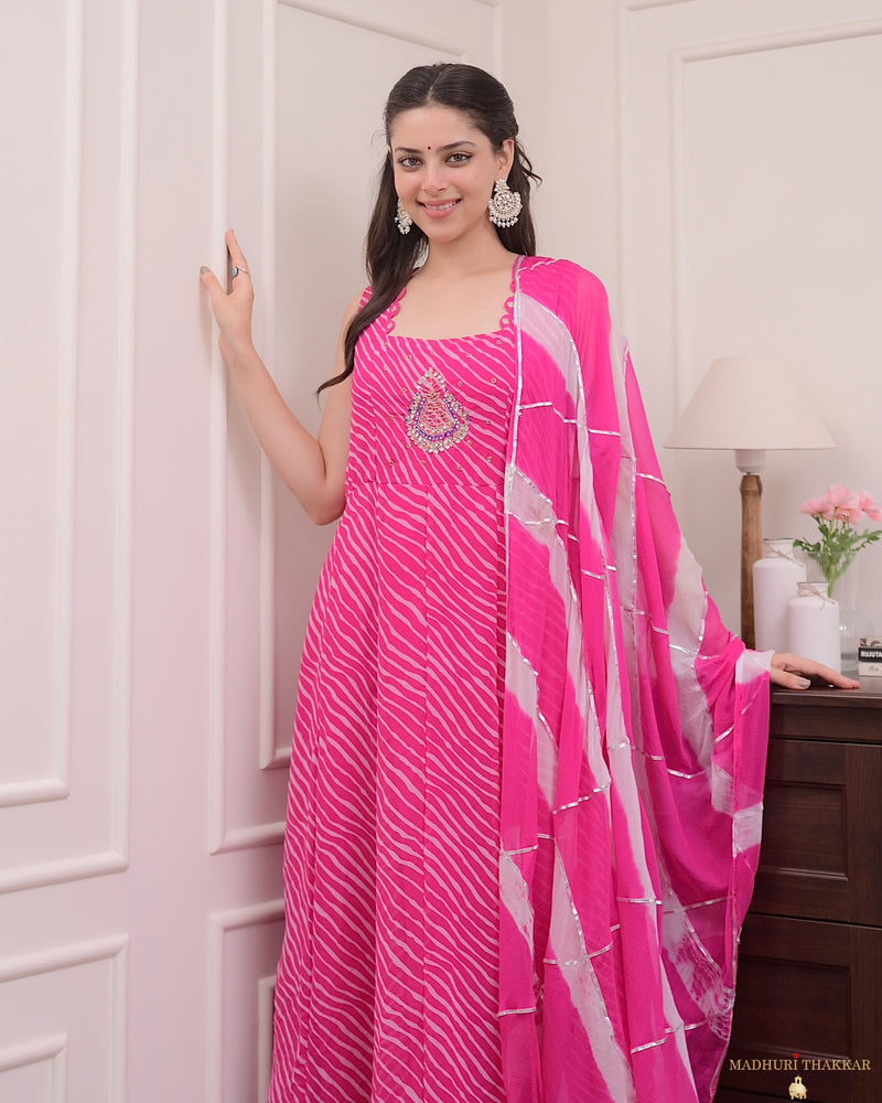 Pink Handwork Leheriya Anarkali Suit