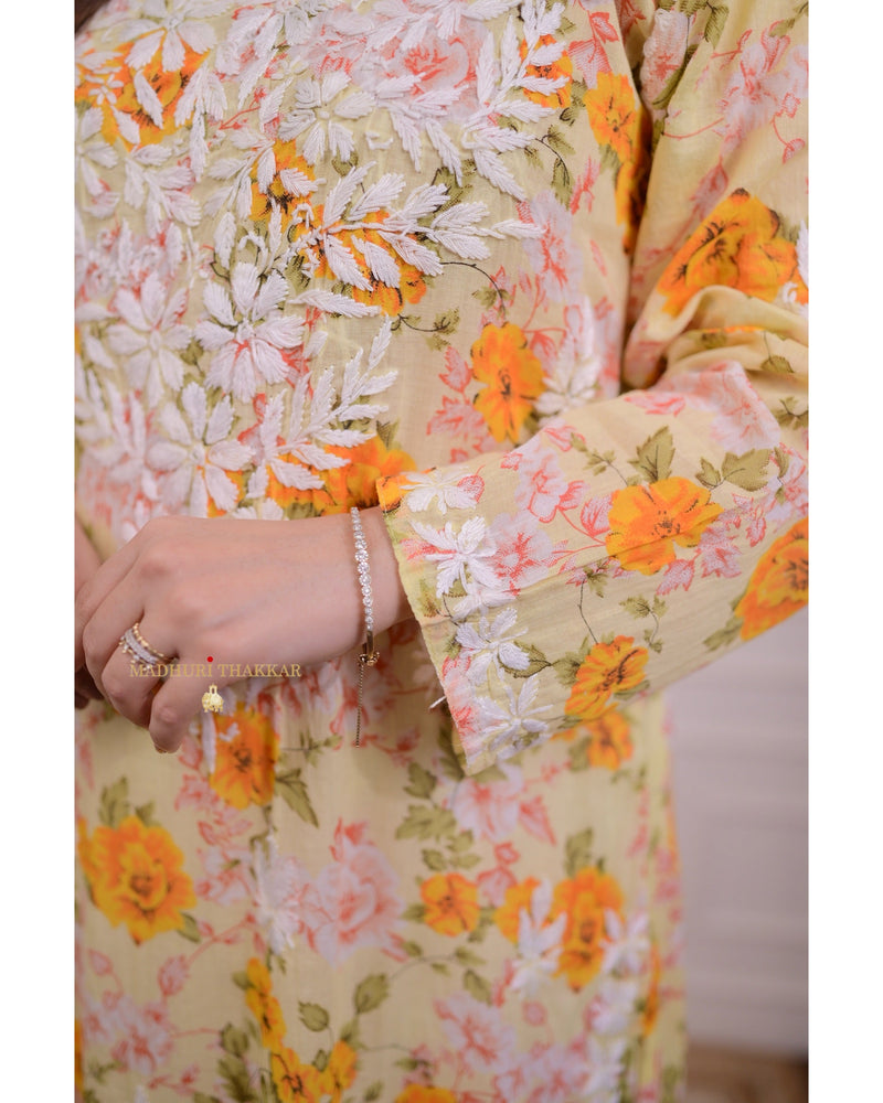 Yellow Floral Chikankari Kurti