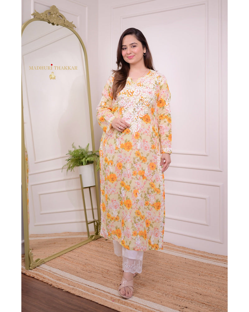 Yellow Floral Chikankari Kurti