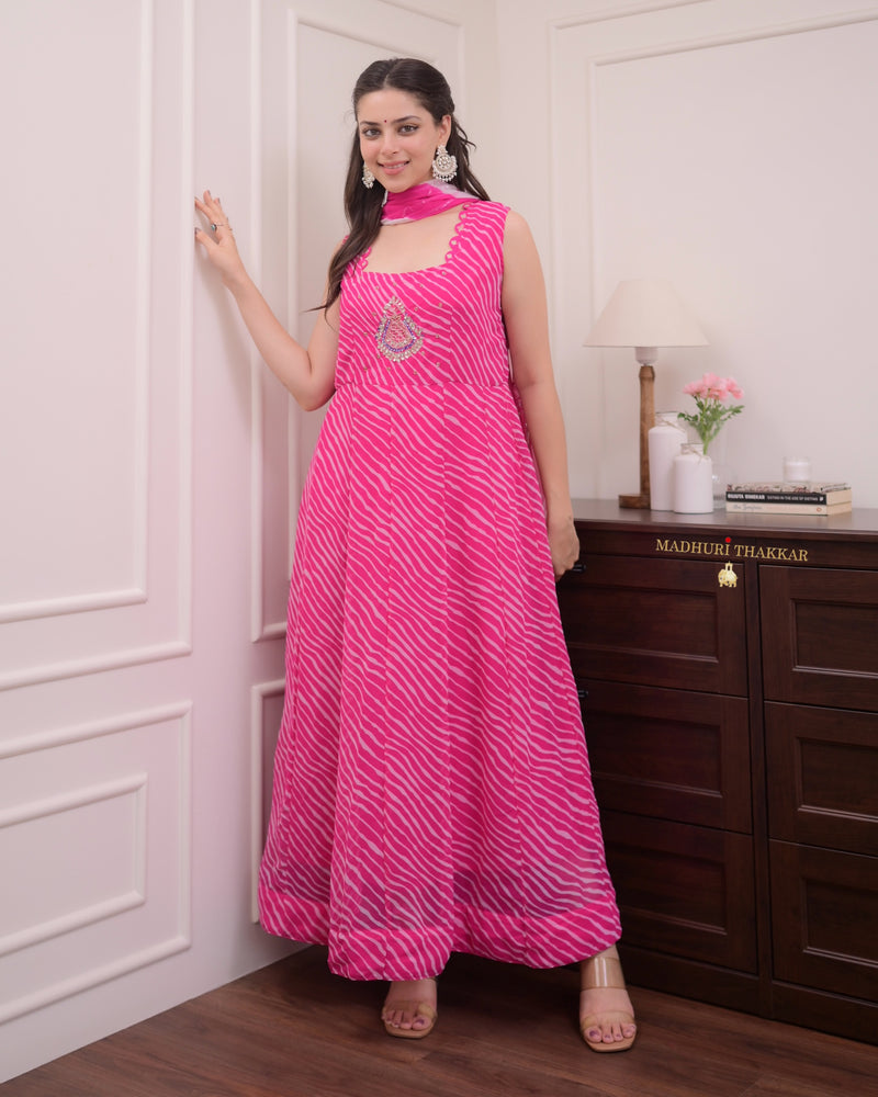 Pink Handwork Leheriya Anarkali Suit