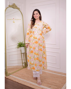 Yellow Floral Chikankari Kurti