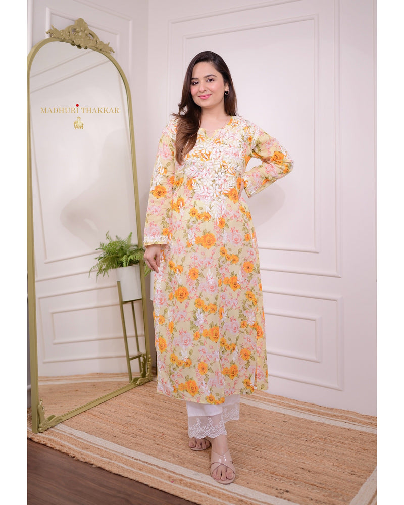 Yellow Floral Chikankari Kurti