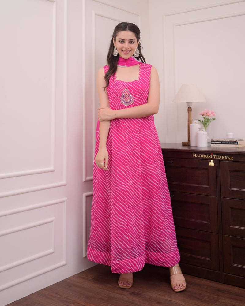 Pink Handwork Leheriya Anarkali Suit