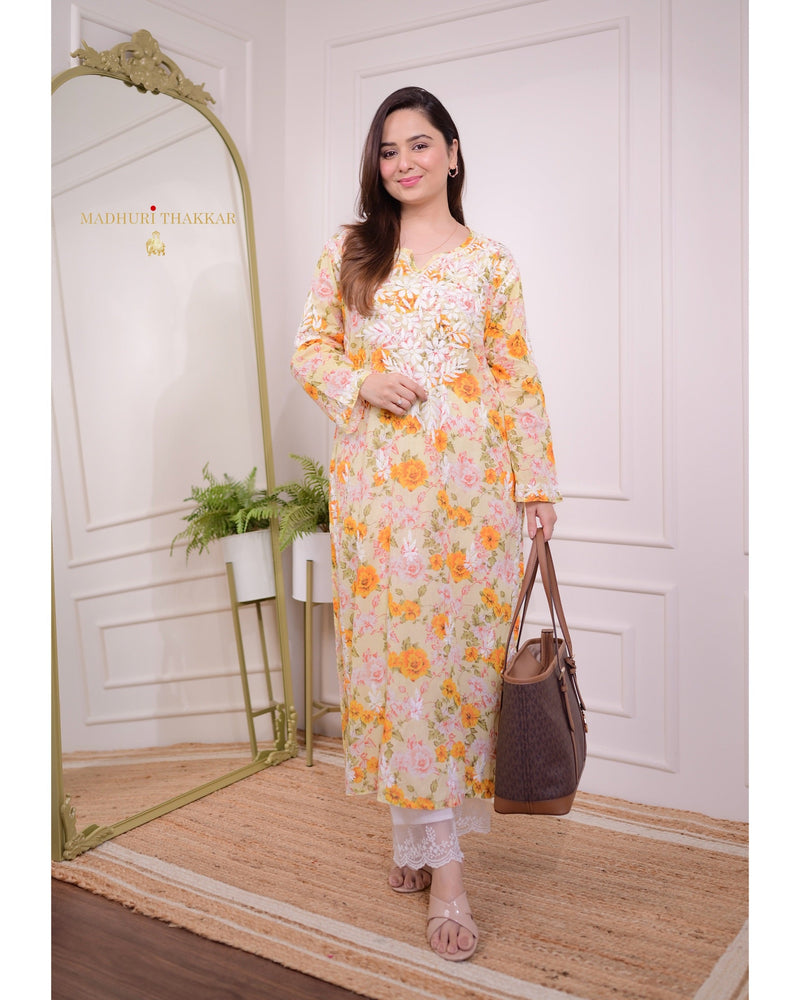 Yellow Floral Chikankari Kurti