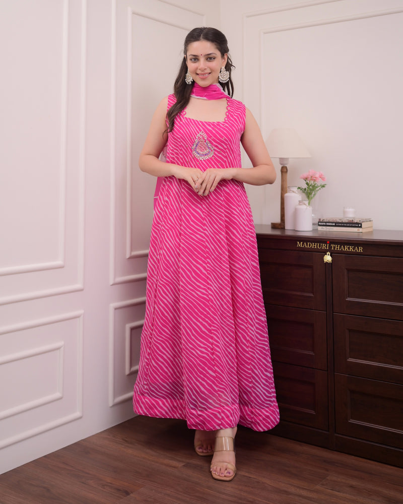 Pink Handwork Leheriya Anarkali Suit