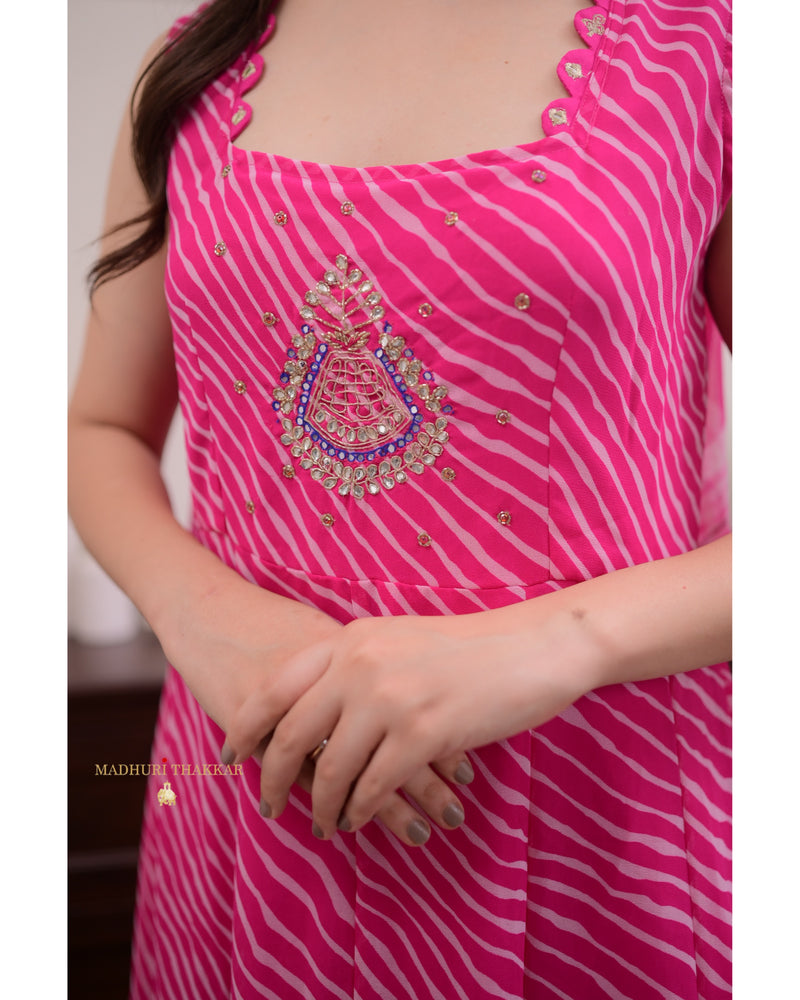 Pink Handwork Leheriya Anarkali Suit