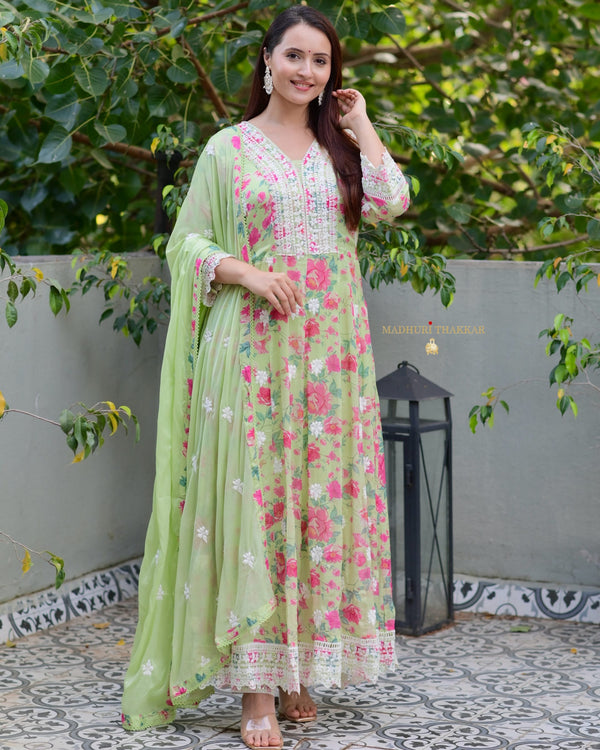 Green Lucknowi Handwork Floral Chinnon Anarkali Suit