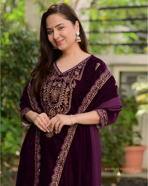 Magenta Handwork Premium Velvet Suit