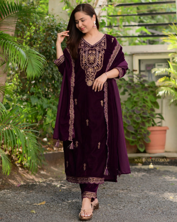 Magenta Handwork Premium Velvet Suit