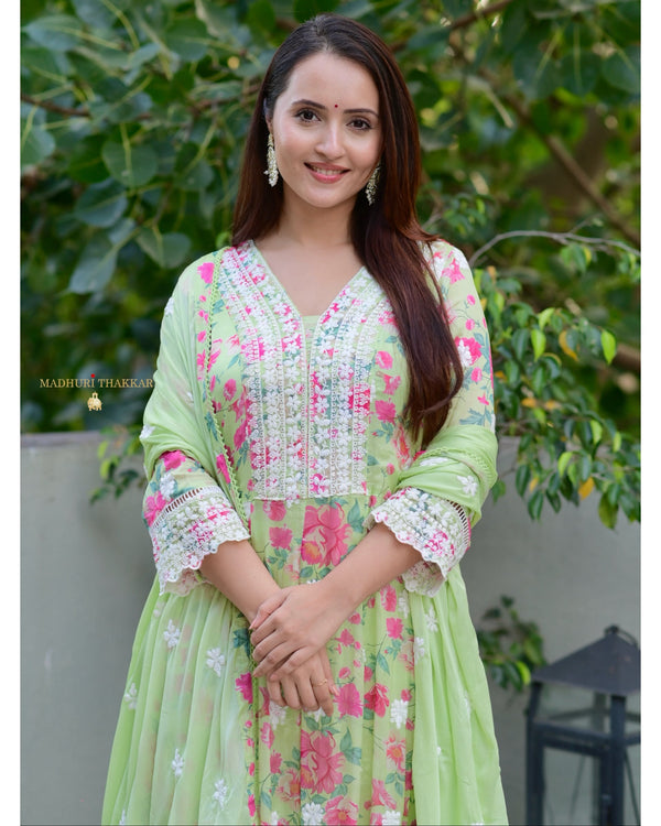 Green Lucknowi Handwork Floral Chinnon Anarkali Suit