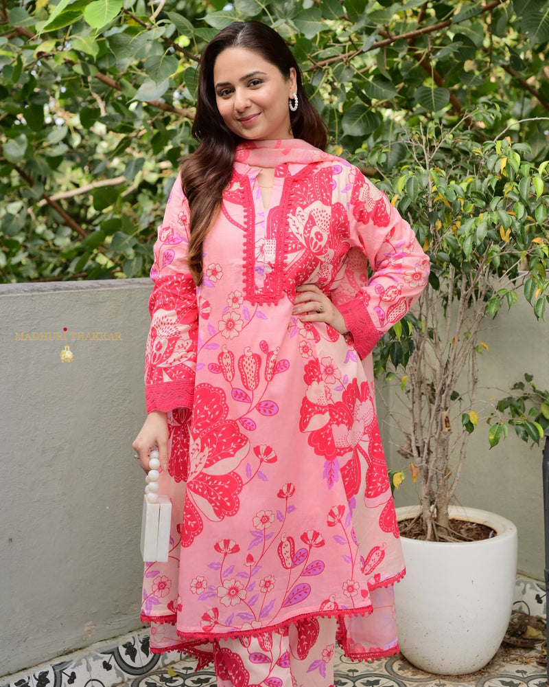 Peach Pink Floral Aline Premium Cotton Suit