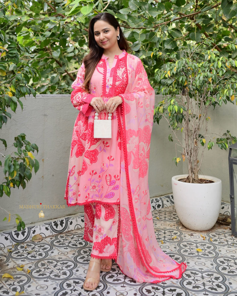 Peach Pink Floral Aline Premium Cotton Suit