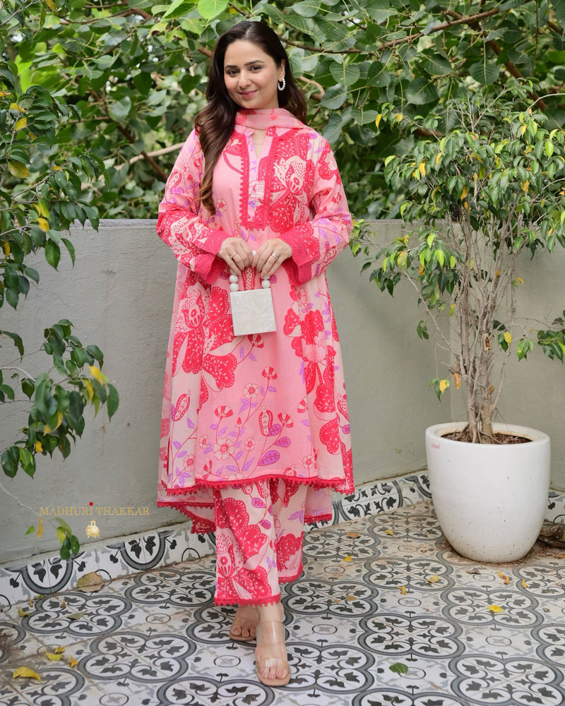 Peach Pink Floral Aline Premium Cotton Suit